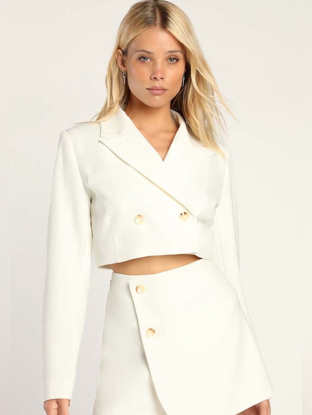 Lulus Suit 'Em Up White Double-Breasted Cropped Blazer NWT L